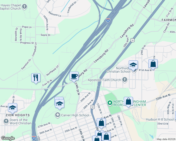 map of restaurants, bars, coffee shops, grocery stores, and more near 2609 41st Avenue North in Birmingham
