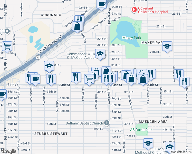 map of restaurants, bars, coffee shops, grocery stores, and more near 4420 33rd Street in Lubbock