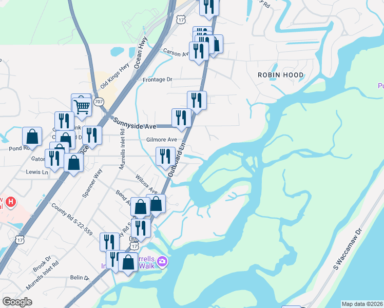 map of restaurants, bars, coffee shops, grocery stores, and more near 20 Flaggpoint Lane in Murrells Inlet