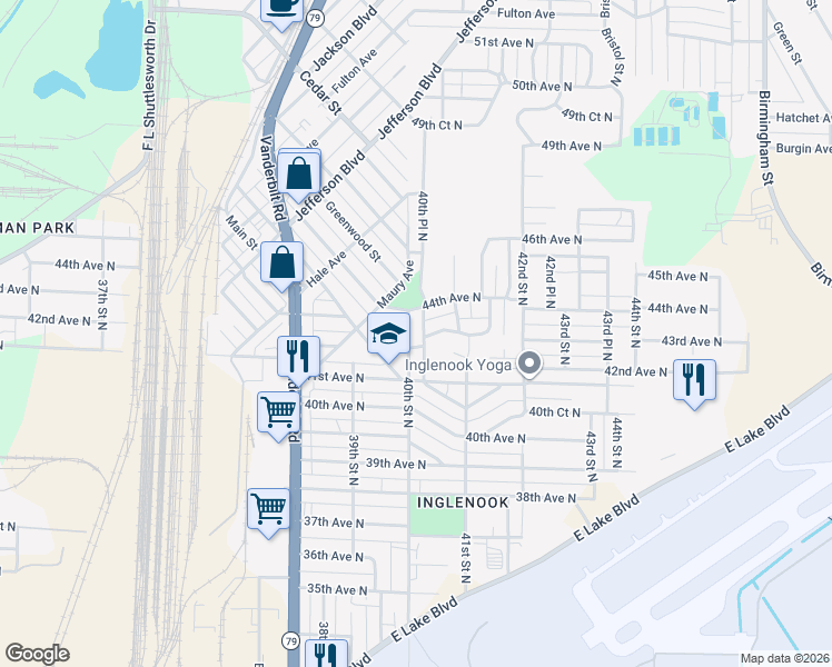 map of restaurants, bars, coffee shops, grocery stores, and more near 4308 40th Place North in Birmingham