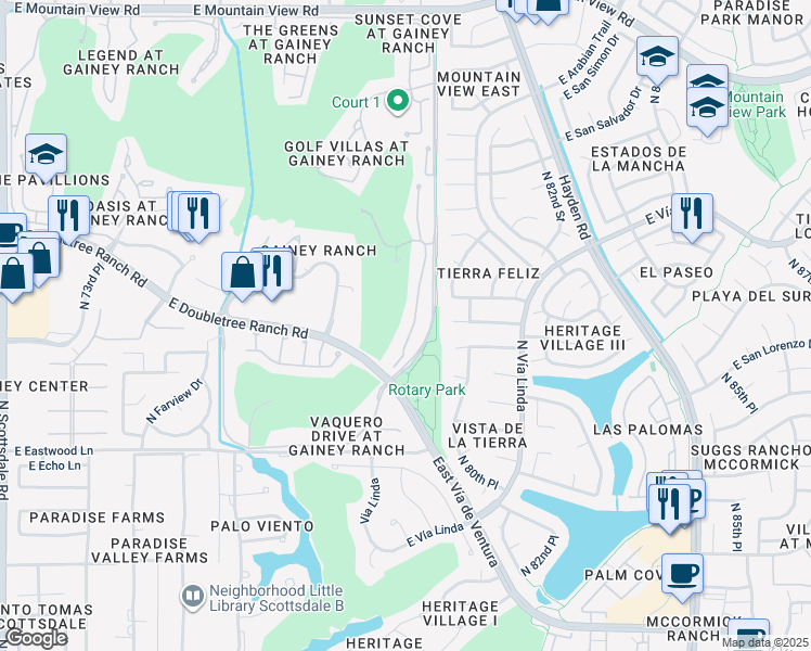 map of restaurants, bars, coffee shops, grocery stores, and more near 7878 East Gainey Ranch Road in Scottsdale