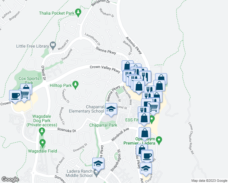 map of restaurants, bars, coffee shops, grocery stores, and more near 4 Ballard Street in Ladera Ranch