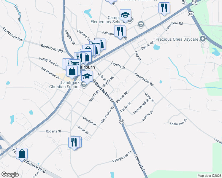map of restaurants, bars, coffee shops, grocery stores, and more near 168 East Campbellton Street in Fairburn