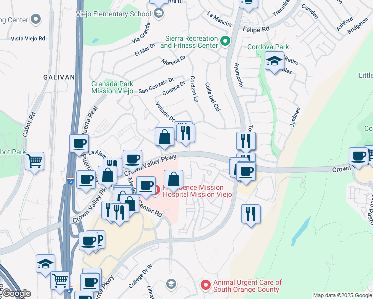map of restaurants, bars, coffee shops, grocery stores, and more near 27407 Bellogente in Mission Viejo