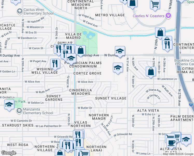map of restaurants, bars, coffee shops, grocery stores, and more near 3323 West Tangerine Lane in Phoenix