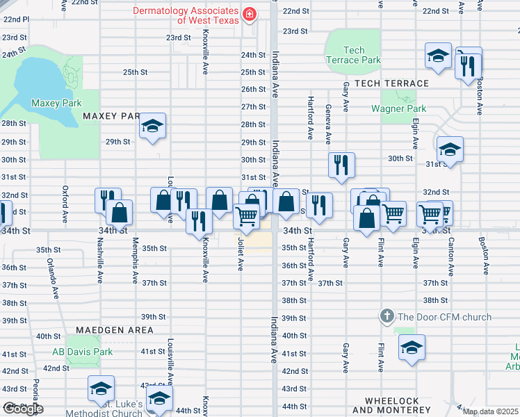 map of restaurants, bars, coffee shops, grocery stores, and more near 3411 33rd Street in Lubbock
