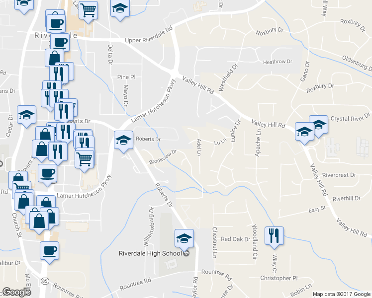 map of restaurants, bars, coffee shops, grocery stores, and more near 325 Brookview Drive in Riverdale