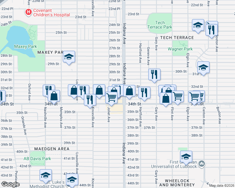 map of restaurants, bars, coffee shops, grocery stores, and more near 3410 33rd Street in Lubbock