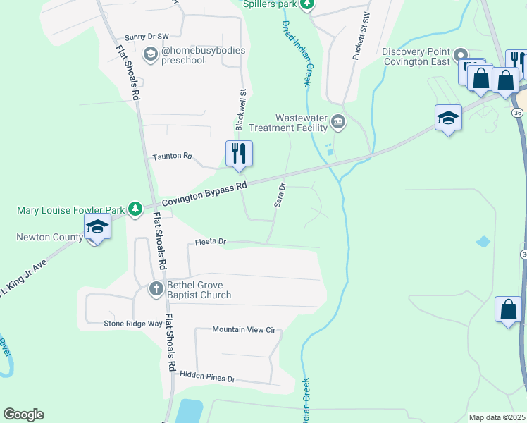 map of restaurants, bars, coffee shops, grocery stores, and more near 45 Sara Drive in Covington