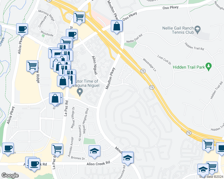 map of restaurants, bars, coffee shops, grocery stores, and more near 24565 Summerland Circle in Laguna Niguel