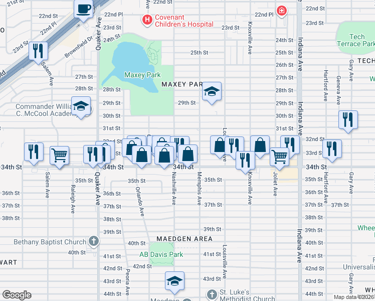 map of restaurants, bars, coffee shops, grocery stores, and more near 3810 33rd Street in Lubbock