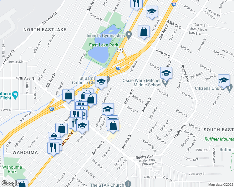 map of restaurants, bars, coffee shops, grocery stores, and more near 7920 1st Avenue South in Birmingham