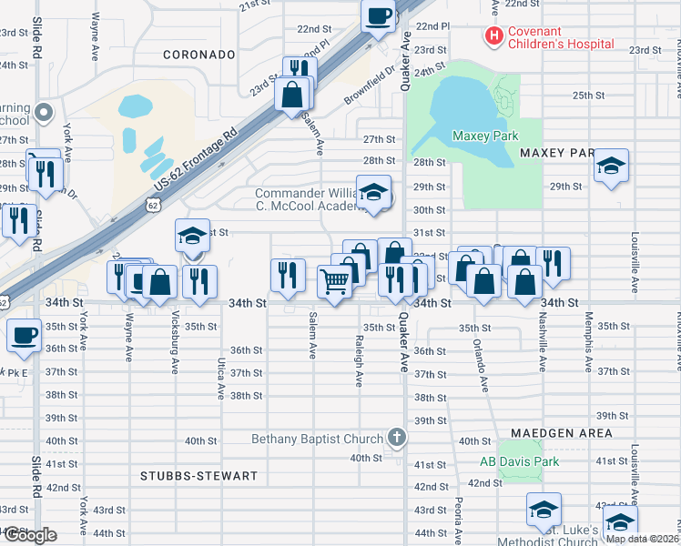 map of restaurants, bars, coffee shops, grocery stores, and more near 4601 33rd Street in Lubbock