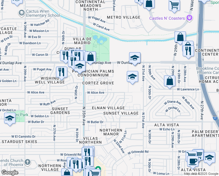 map of restaurants, bars, coffee shops, grocery stores, and more near 3314 West Tangerine Lane in Phoenix