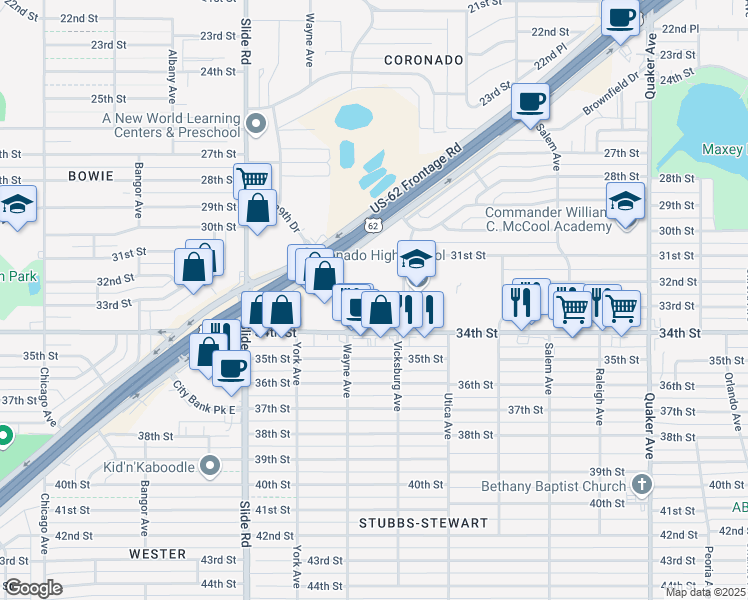 map of restaurants, bars, coffee shops, grocery stores, and more near 4902 34th Street in Lubbock