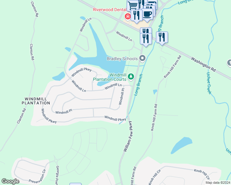 map of restaurants, bars, coffee shops, grocery stores, and more near 827 Windmill Crossing in Evans