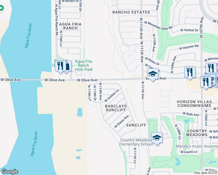 map of restaurants, bars, coffee shops, grocery stores, and more near 11313 West Townley Avenue in Peoria