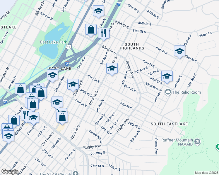 map of restaurants, bars, coffee shops, grocery stores, and more near 501 81st Street South in Birmingham