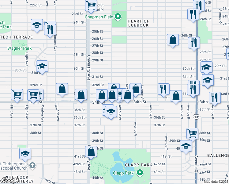 map of restaurants, bars, coffee shops, grocery stores, and more near 2323 33rd Street in Lubbock