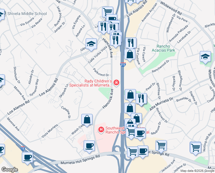 map of restaurants, bars, coffee shops, grocery stores, and more near 25333 Vía Las Lomas in Murrieta