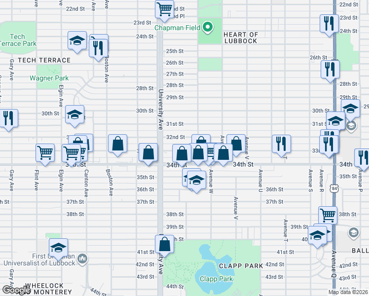 map of restaurants, bars, coffee shops, grocery stores, and more near 2405 33rd Street in Lubbock