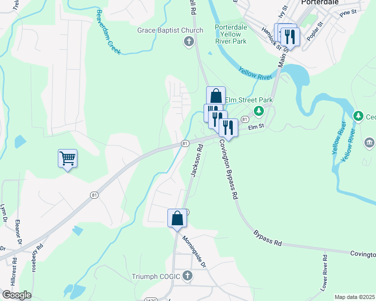 map of restaurants, bars, coffee shops, grocery stores, and more near 20 Wynfield Drive in Covington
