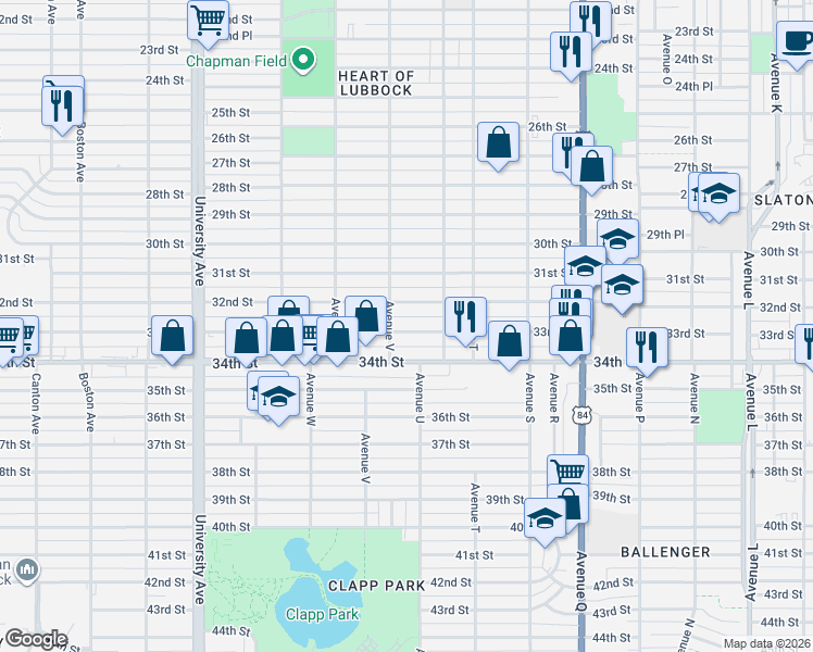 map of restaurants, bars, coffee shops, grocery stores, and more near 2118 33rd Street in Lubbock