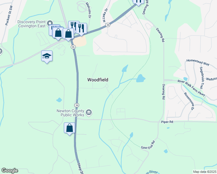 map of restaurants, bars, coffee shops, grocery stores, and more near 76 Woodfield Road in Covington