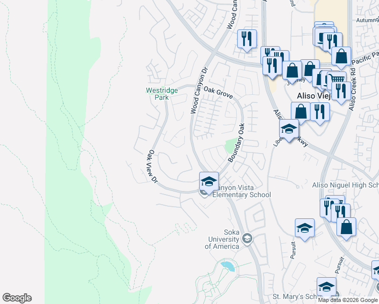 map of restaurants, bars, coffee shops, grocery stores, and more near 2 Sunswept Mesa in Aliso Viejo