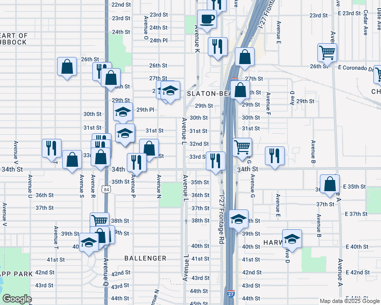 map of restaurants, bars, coffee shops, grocery stores, and more near 1123 33rd Street in Lubbock