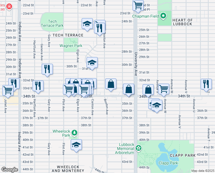 map of restaurants, bars, coffee shops, grocery stores, and more near 2613 33rd Street in Lubbock