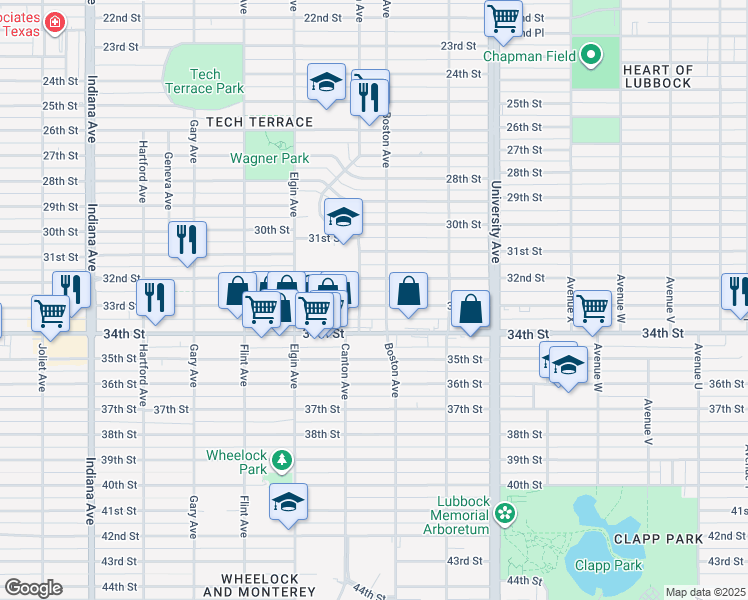 map of restaurants, bars, coffee shops, grocery stores, and more near 2703 33rd Street in Lubbock
