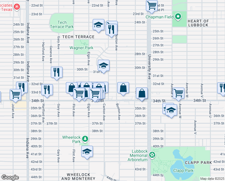 map of restaurants, bars, coffee shops, grocery stores, and more near 2703 33rd Street in Lubbock