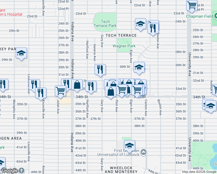 map of restaurants, bars, coffee shops, grocery stores, and more near 3119 33rd Street in Lubbock