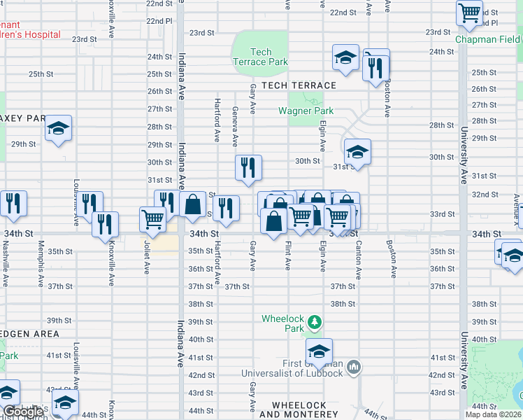 map of restaurants, bars, coffee shops, grocery stores, and more near 3119 33rd Street in Lubbock