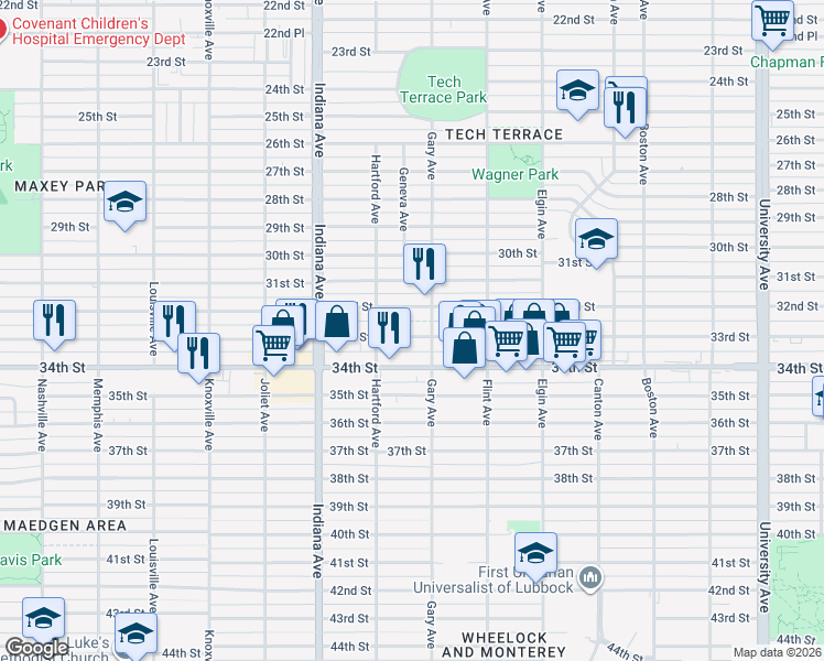 map of restaurants, bars, coffee shops, grocery stores, and more near 3211 33rd Street in Lubbock