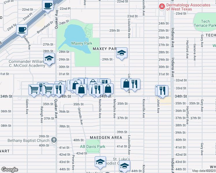map of restaurants, bars, coffee shops, grocery stores, and more near 3815 33rd Street in Lubbock