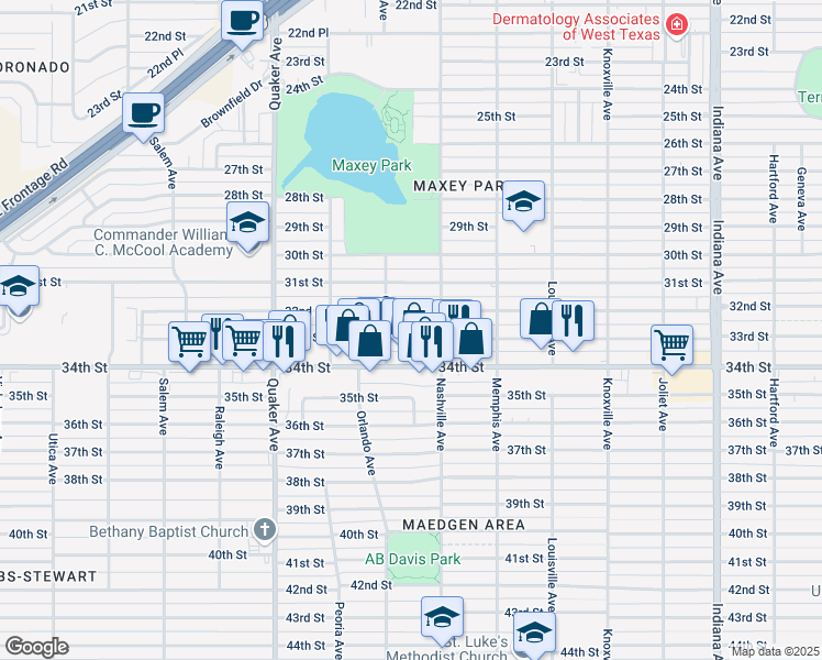 map of restaurants, bars, coffee shops, grocery stores, and more near 4009 33rd Street in Lubbock