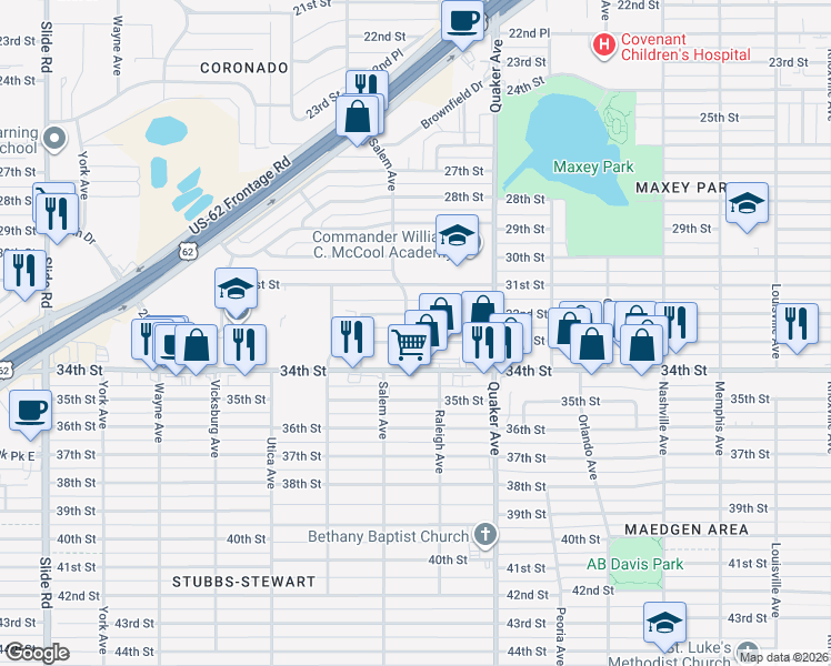 map of restaurants, bars, coffee shops, grocery stores, and more near 4601 33rd Street in Lubbock