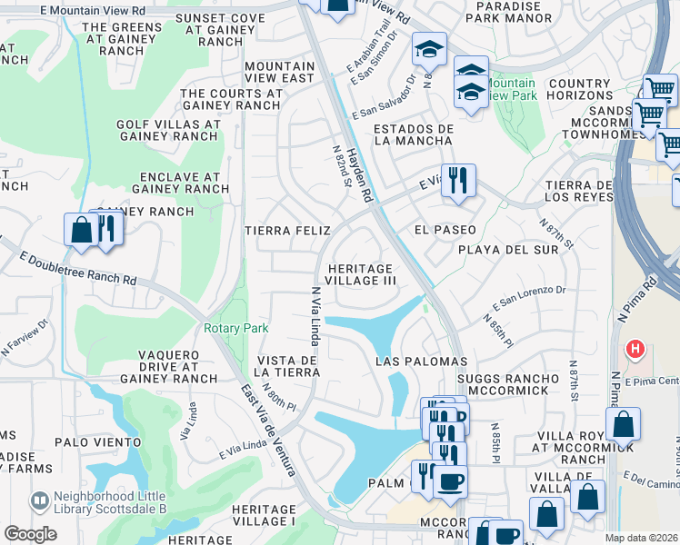 map of restaurants, bars, coffee shops, grocery stores, and more near 8162 East Del Caverna Drive in Scottsdale