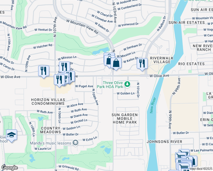 map of restaurants, bars, coffee shops, grocery stores, and more near 10800 North 115th Avenue in Youngtown