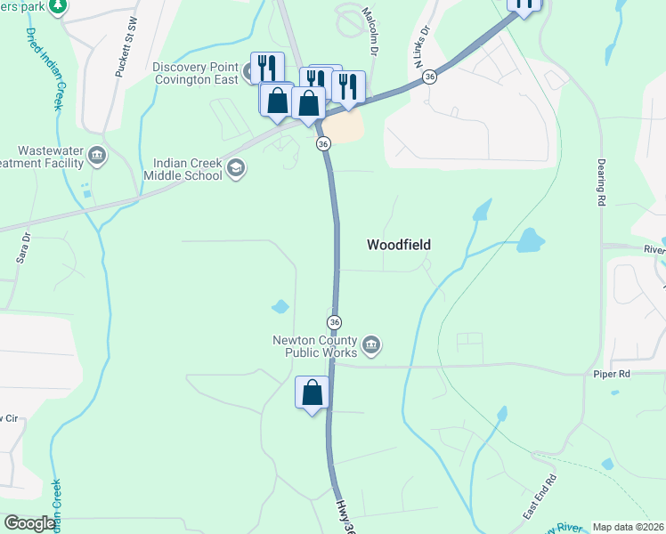 map of restaurants, bars, coffee shops, grocery stores, and more near 10440 Georgia 36 in Covington