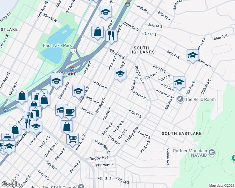 map of restaurants, bars, coffee shops, grocery stores, and more near 8037 5th Avenue South in Birmingham