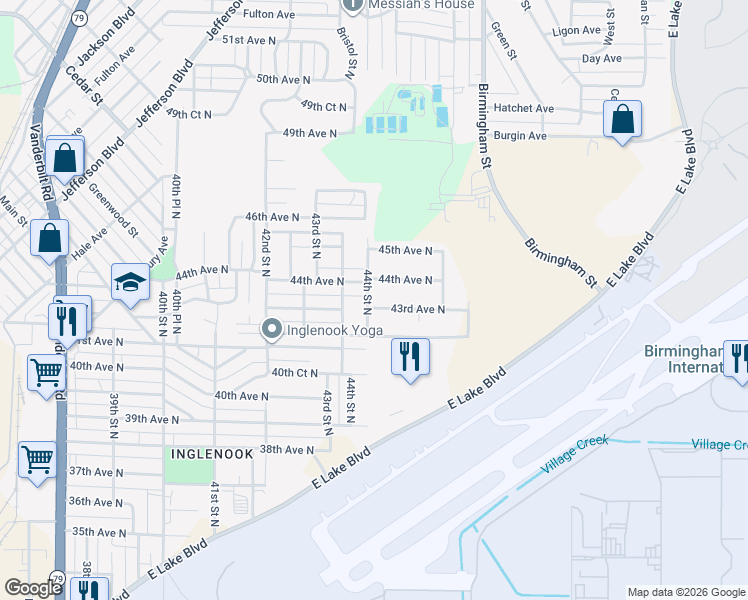 map of restaurants, bars, coffee shops, grocery stores, and more near 4224 44th Street North in Birmingham