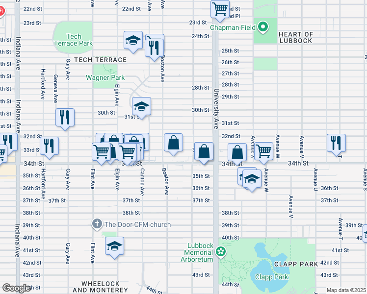 map of restaurants, bars, coffee shops, grocery stores, and more near 2608 33rd Street in Lubbock