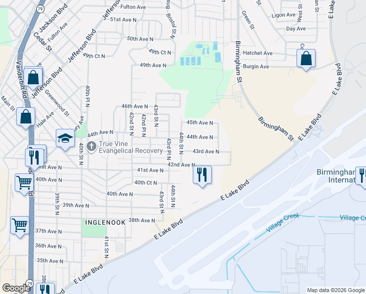 map of restaurants, bars, coffee shops, grocery stores, and more near 4224 44th Street North in Birmingham