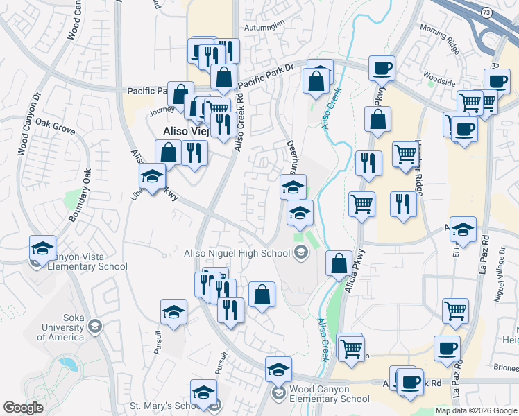 map of restaurants, bars, coffee shops, grocery stores, and more near 72 Sandcastle in Aliso Viejo