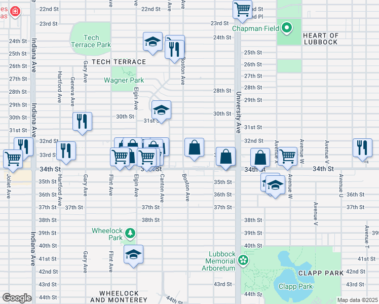 map of restaurants, bars, coffee shops, grocery stores, and more near 2613 33rd Street in Lubbock