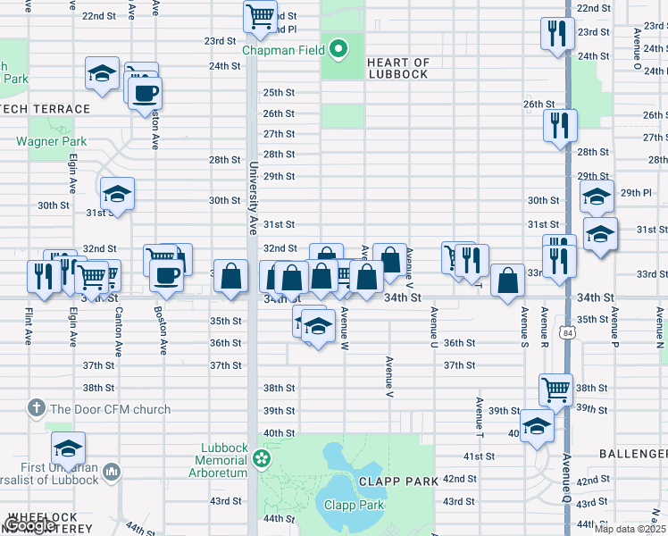 map of restaurants, bars, coffee shops, grocery stores, and more near 2314 33rd Street in Lubbock