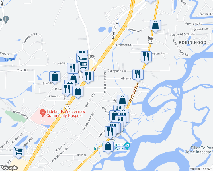 map of restaurants, bars, coffee shops, grocery stores, and more near 594 Hammock Avenue in Murrells Inlet